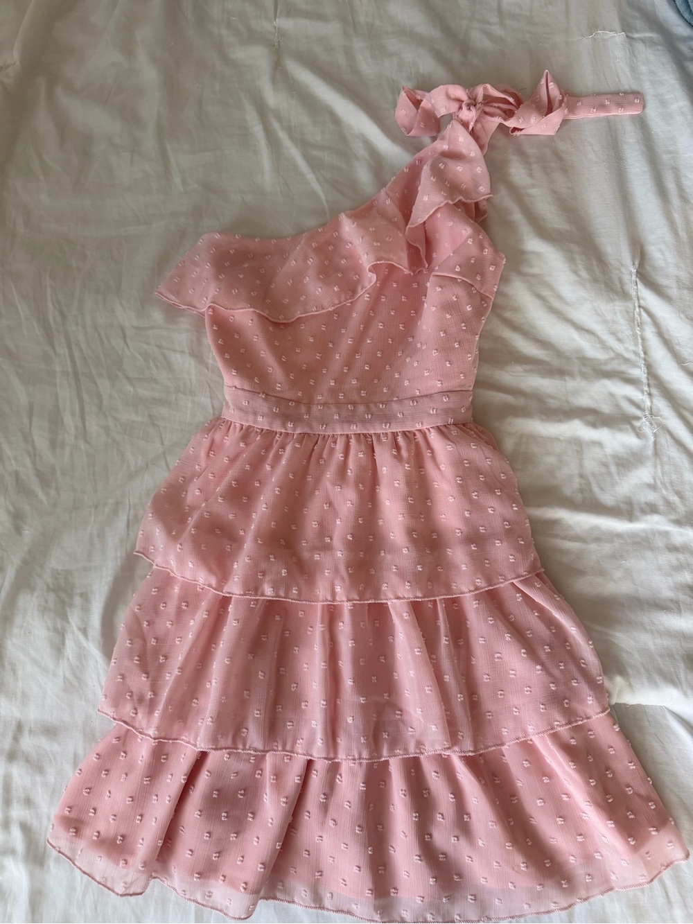 Showpo Pink One-Shoulder Ruffle Tiered Dress